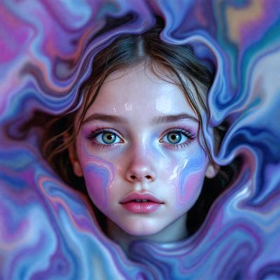 The primary subject of the image is a young girl with blue and purple makeup on her face. She is surrounded by a vibrant, colorful background that adds to the overall atmosphere of the scene. The visual style of the image is a combination of photo and digital art, creating a unique and eye-catching appearance. The colors and mood of the image are predominantly blue and purple, which are associated with creativity, imagination, and artistic expression.
